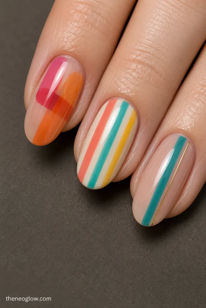 Close-up of jelly stripe overlaps, colorful beach-towel lines, and a metallic thread beside a teal band.