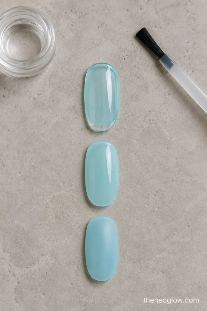 Three oval practice tips showing clear aqua jelly, milky aqua jelly, and frosted aqua finishes.