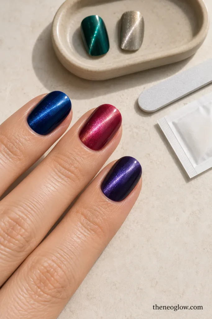 Short-to-medium jewel-tone magnetic press-ons fitted beside matching spare tips and a plain mini file. cat eye summer nails.