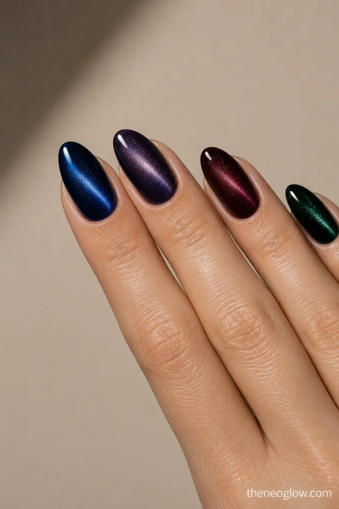 Medium almond jewel-tone nails in sapphire, violet, black cherry, and emerald with aligned magnetic beams.