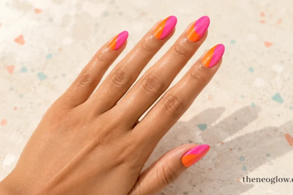Medium almond nails with glossy hot pink and orange curved color blocks on a warm tan skin tone.