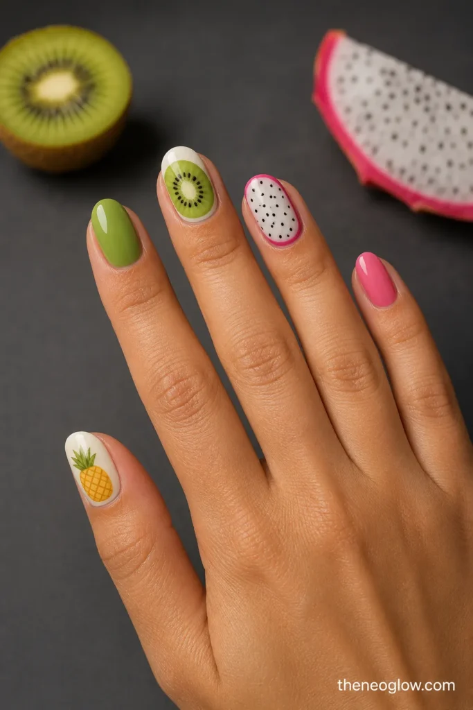 Glossy tropical manicure combining kiwi slices, dragon-fruit speckles, and one restrained pineapple accent.