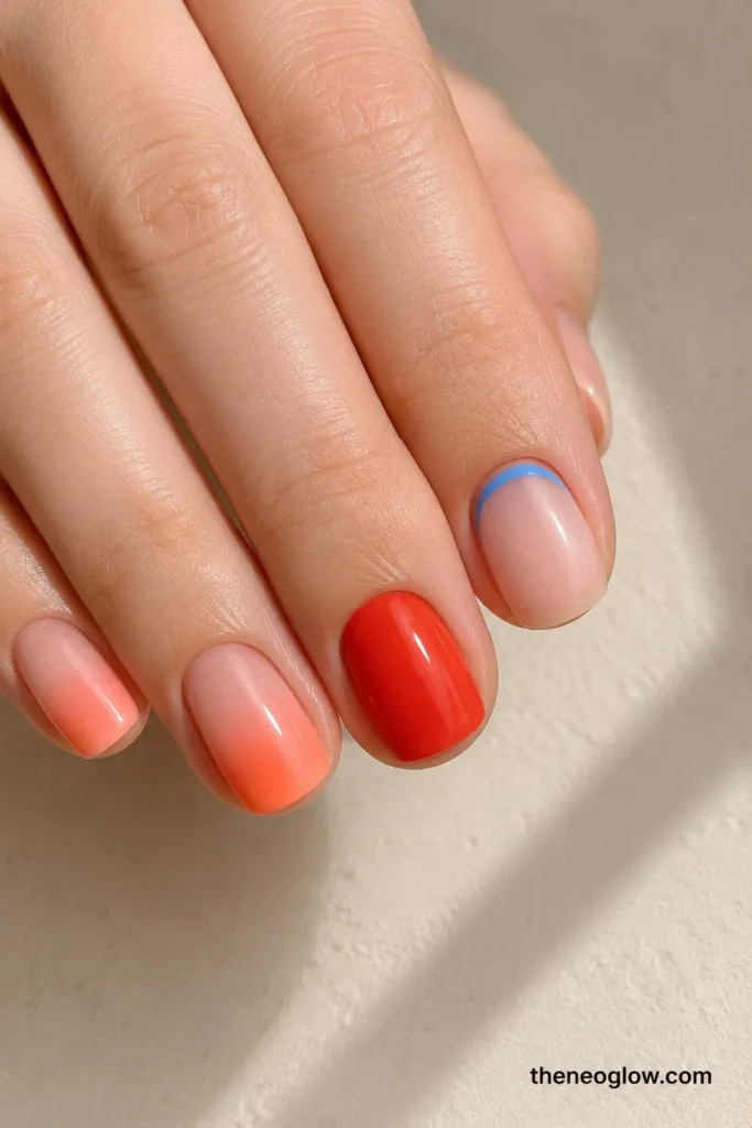 Three short oval nails showing a peach fade, glossy tomato red, and a cornflower cuticle frame.