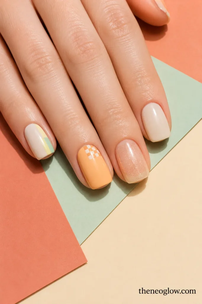 Four short nails with lemon-and-mint blocks, a cantaloupe checker corner, and champagne shimmer.