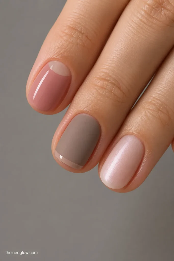 Short nails comparing a dusty-rose half-moon, matte taupe with a glossy tip, and a fine pearl veil.