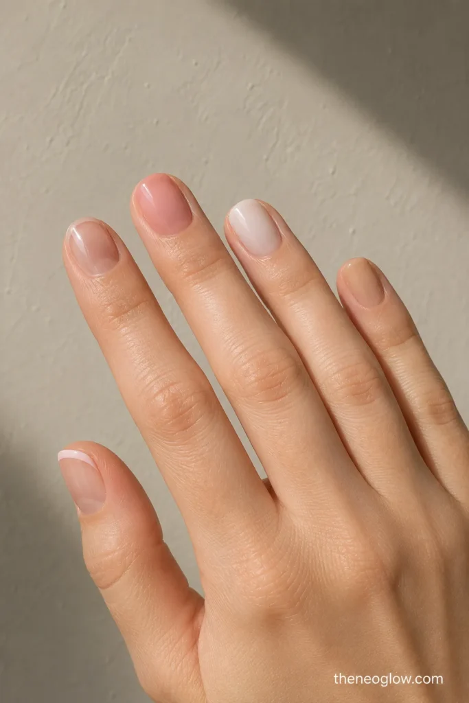 Short oval nails showing soap gloss, rosy nude, beige jelly, milky white, and pink micro French finishes.