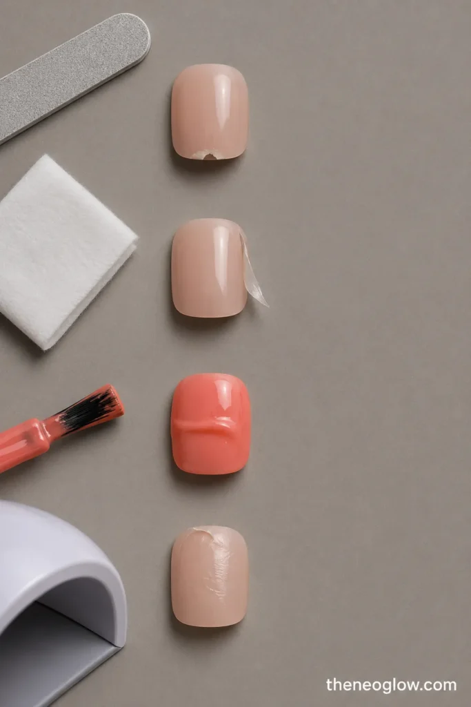 Four practice nails showing a chipped tip, peeling polish, a dented thick coat, and lifting near the cuticle.