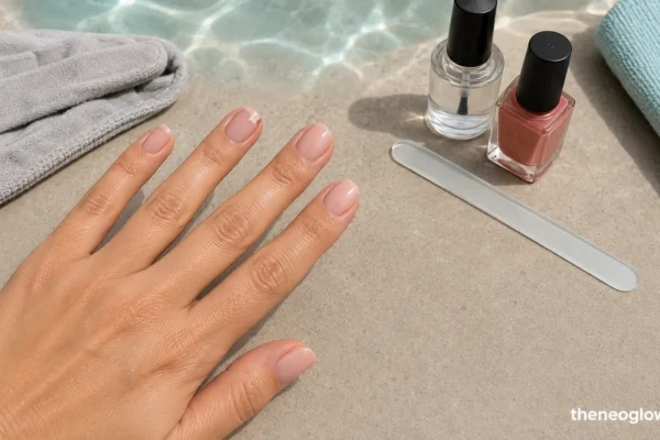 Short glossy beige-pink nails with one small tip chip beside a file, topcoat, towel, and cleaning glove.
