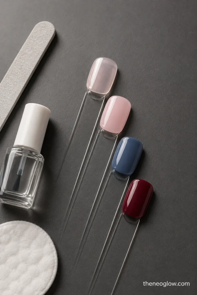 Four short squoval nail swatches showing clear gloss, milky pink, denim blue, and burgundy finishes. back-to-school nails. 