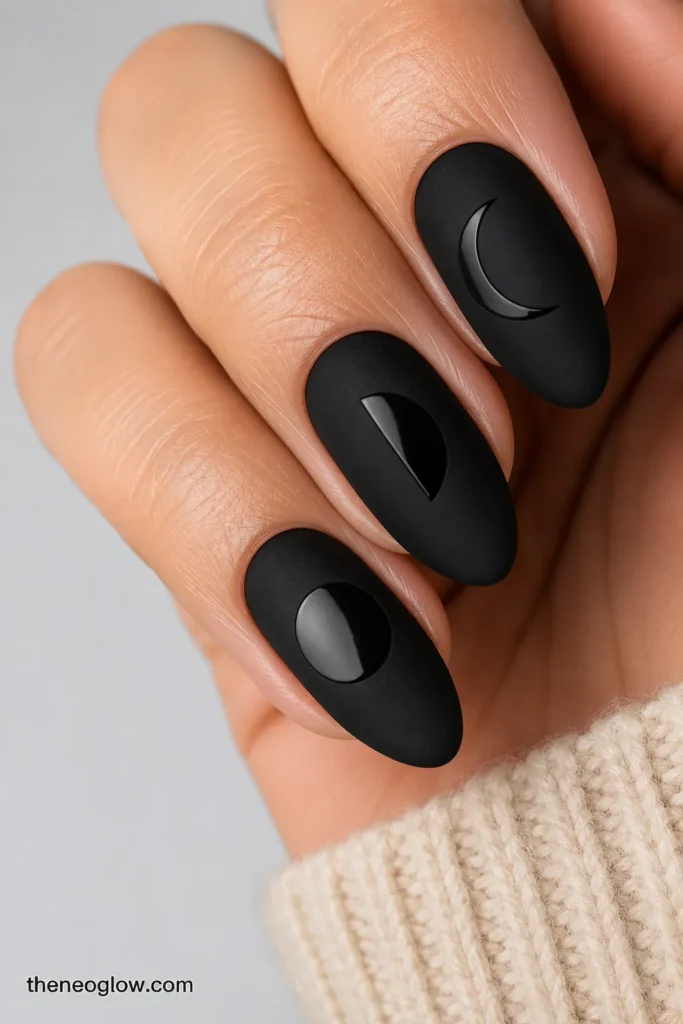 Matte black almond nails with clear glossy crescent, half-moon, and full-moon shapes.