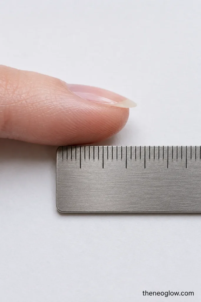 A side-view fingertip with a glossy short nail aligned against millimeter tick marks on a metal ruler. nails for typing.