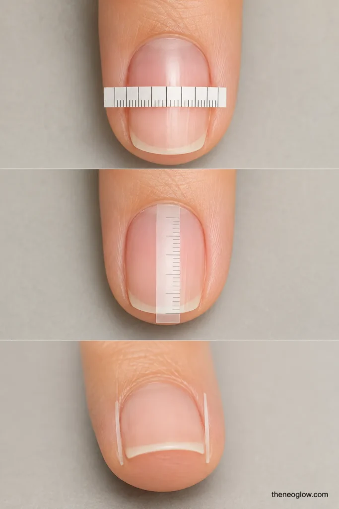 Three macro views show nail-bed width, length, sidewalls, and visible free edge using unnumbered measuring strips.
