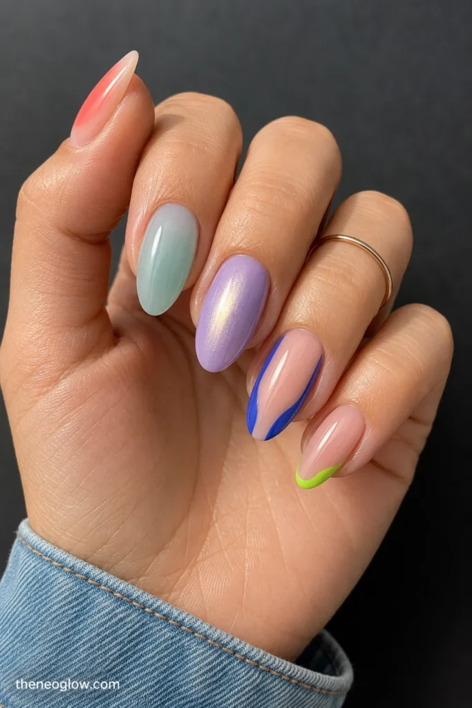Medium soft-almond nails with aqua glass color, coral ombré, lavender pearl, cobalt curves, and a lime edge.