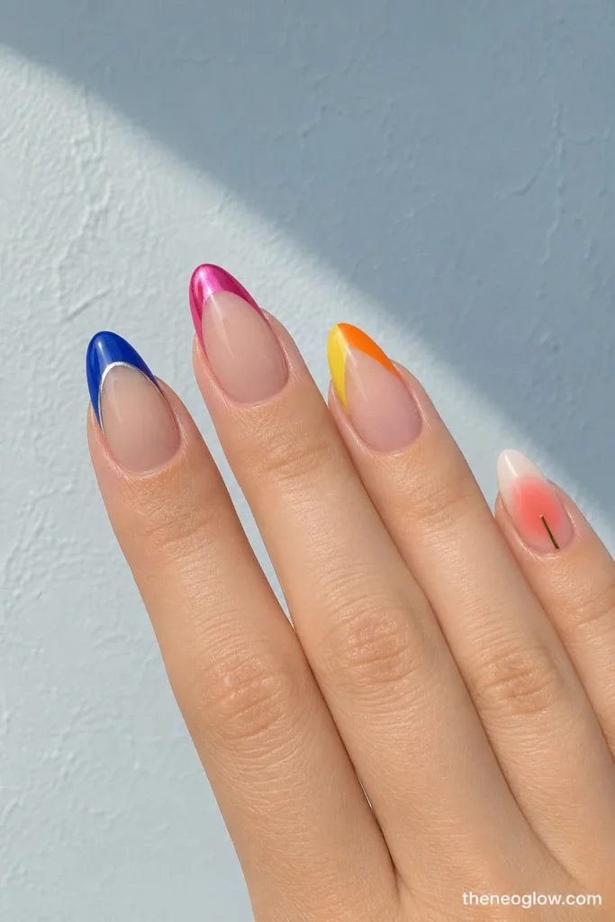 Medium tapered almond nails with blue French, pink chrome, citrus chevrons, and peach aura details.