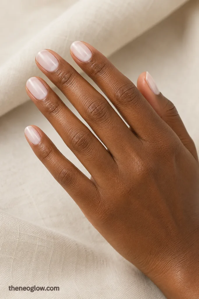 Semi-sheer milky-white polish on short oval nails against soft ivory linen on a rich brown skin tone.