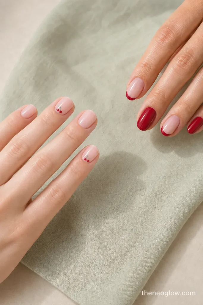 Short milky-pink nails with miniature cherry accents beside coordinating cherry-red French tips and solid nails.