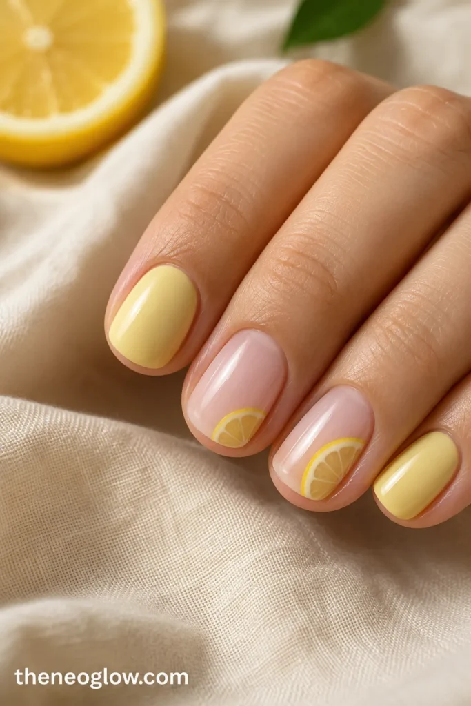 Short rounded nails with butter-yellow solids and two restrained miniature lemon-slice accents.