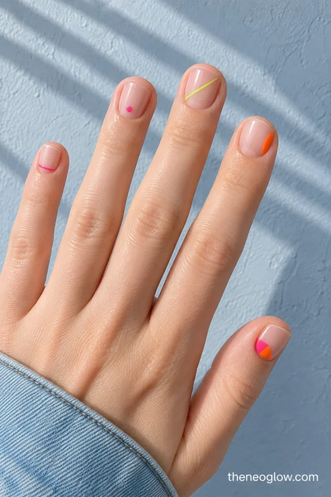 Short neon nails with micro tips, a side accent, a cuticle dot, a lime line, and a small color block.