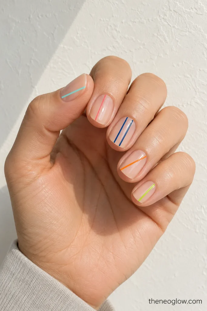 Short squoval nails with coral, cobalt, orange, aqua, and lime stripe placements.