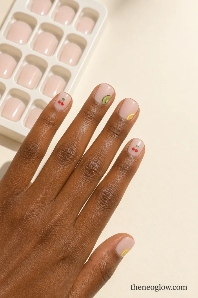 Short milky-pink press-on nails with evenly scaled lemon, cherry, and kiwi motifs. fruit nails.
