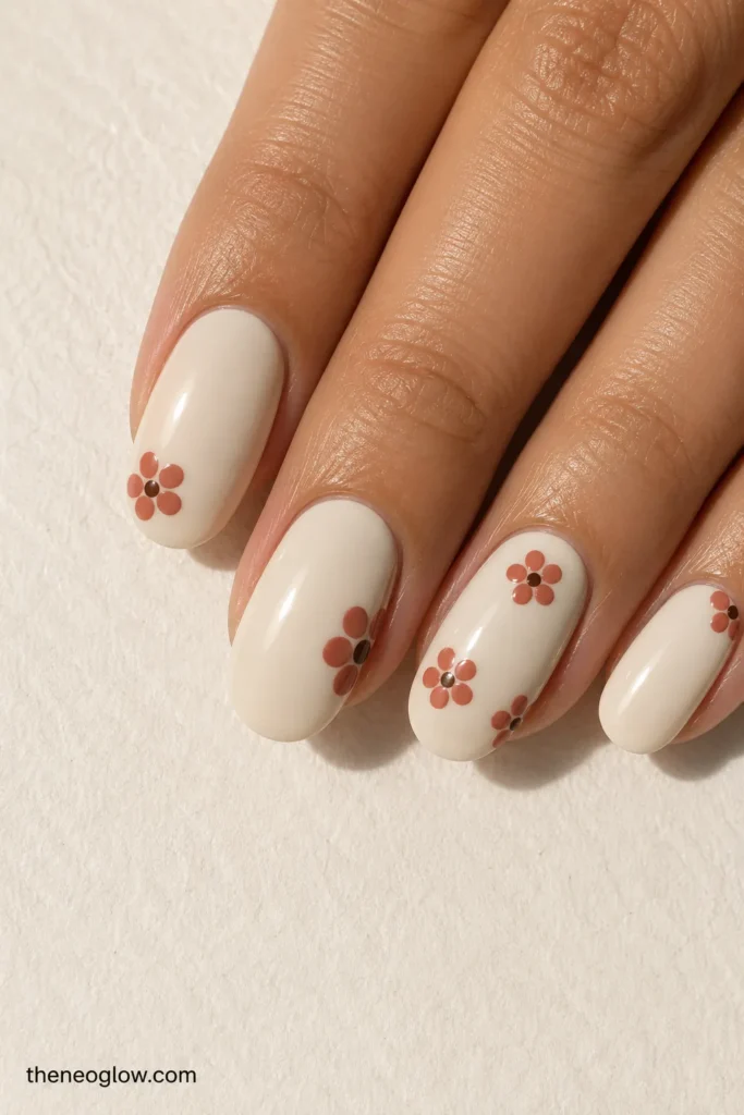 Warm ivory oval nails with a five-petal dot flower, a cropped edge bloom, and several tiny terracotta blossoms.
