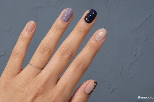 Oval nails with navy, nude, lavender, gold, and silver moon, star, constellation, and full-moon details.