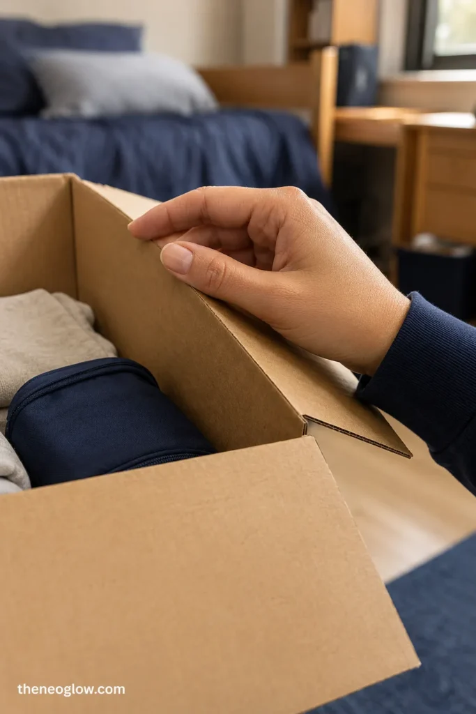 A hand with short glossy squoval nails opening a cardboard moving box in a dorm room.