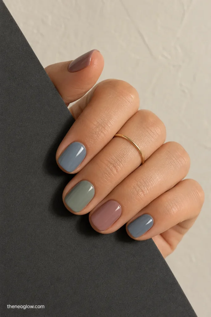 Short muted mauve, dusty blue, and sage-gray nails curled around a charcoal folder.