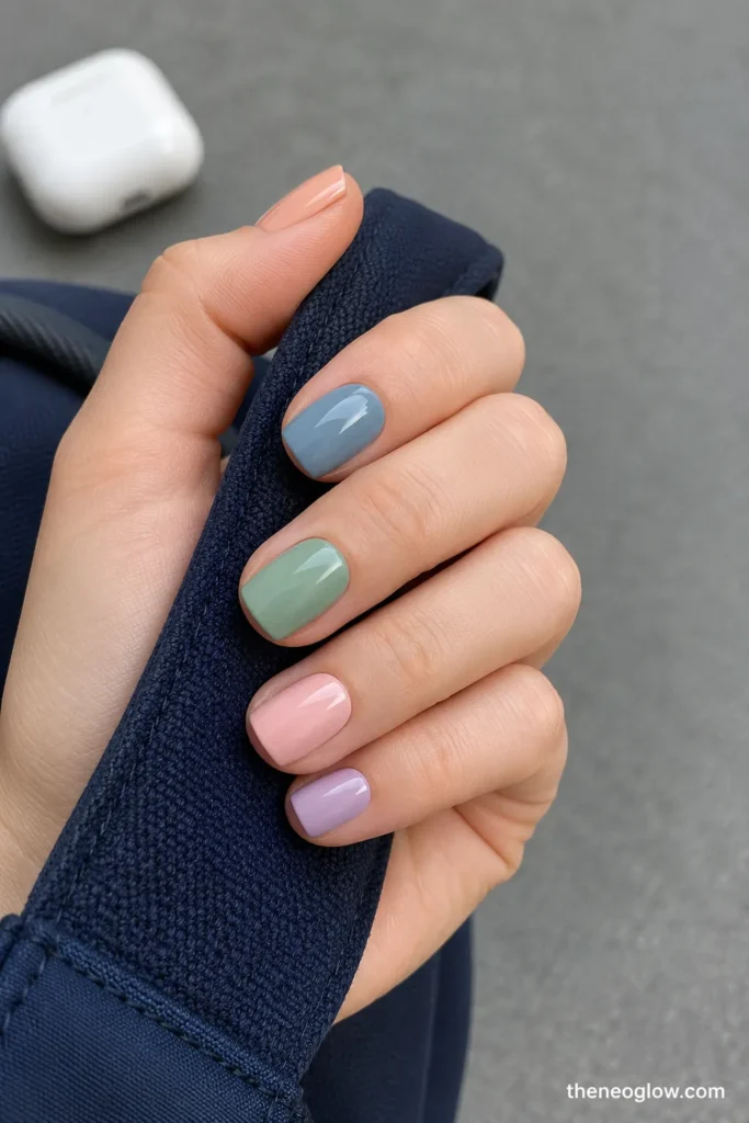 Short square nails in dusty blue, sage, blush, muted lilac, and pale peach holding a navy canvas strap.
