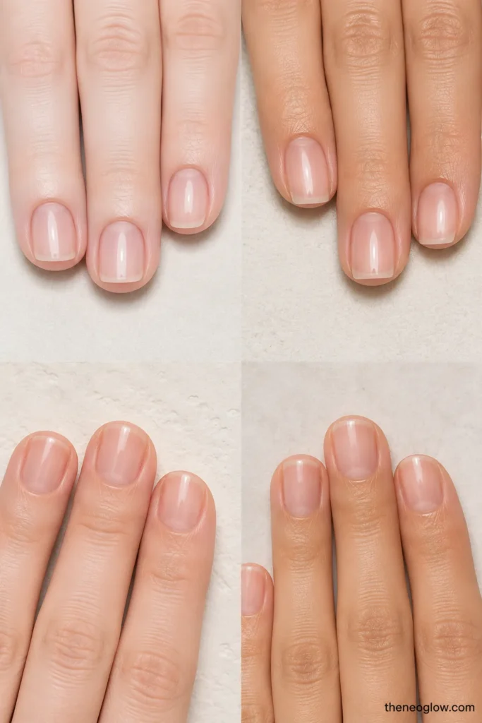 Four panel close-ups show short wide, long narrow, flared, and mixed nail beds with practical short shapes.
