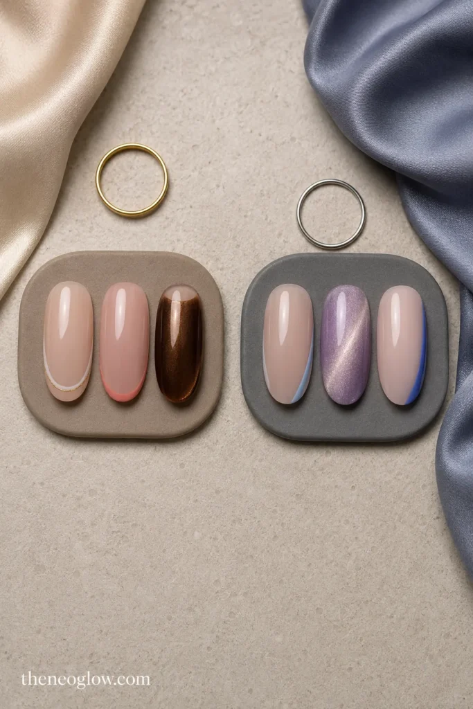 Warm champagne, coral, and espresso nail tips beside gold jewelry, with blue, lilac, and cobalt tips beside silver jewelry.