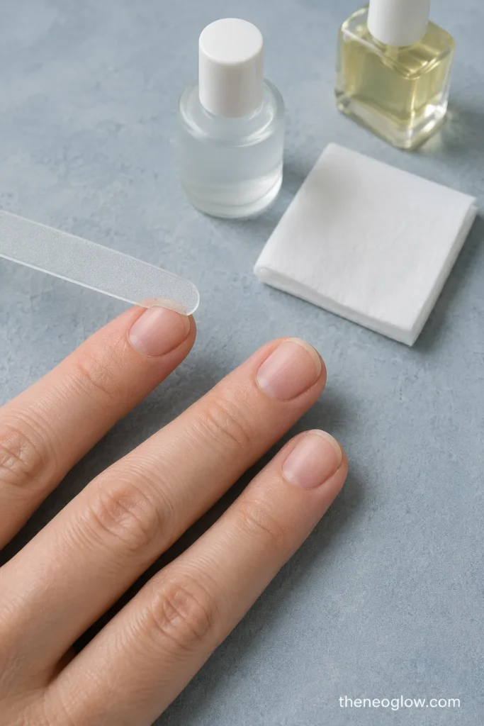 Bare short nails beside a lint-free wipe and cleanser while a glass file smooths one free edge.