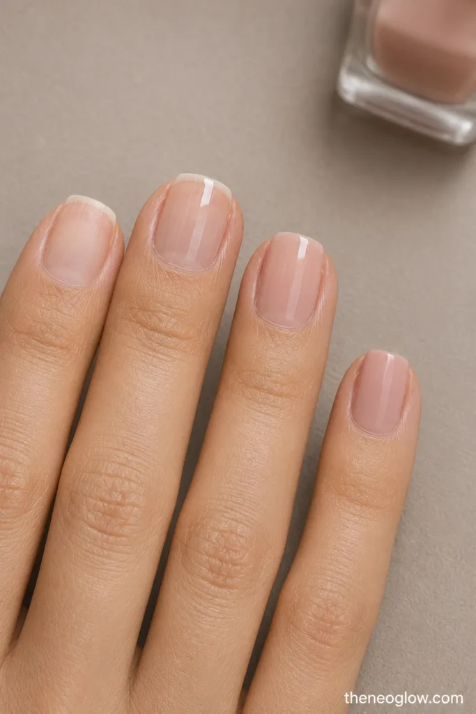 Four short natural nails showing a clean bare nail, clear base coat, one thin blush coat, and two blush coats.