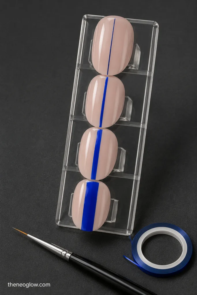Mounted nail swatches showing micro, thin, medium, and broad cobalt stripe widths.