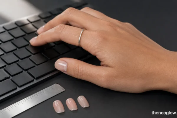 A hand with short rosy-beige squoval nails typing beside a metal ruler and neutral nail-shape samples.