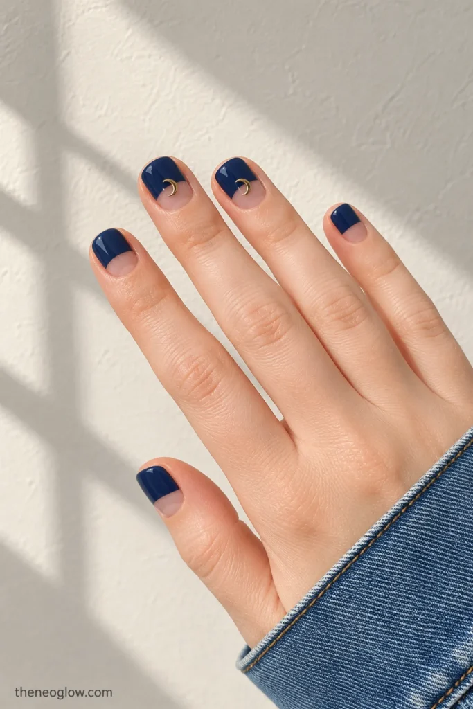Short square nails with muted navy upper color blocks, sheer cuticle sections, and small gold crescents.