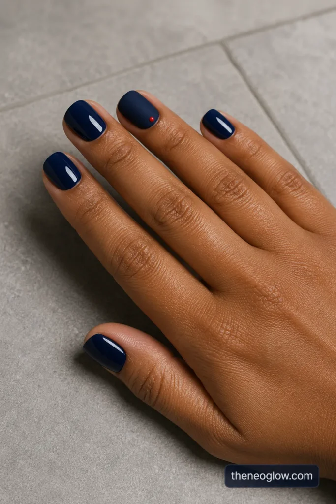 Short navy nails mixing glossy polish with a matte ring-finger accent and one tiny red dot.