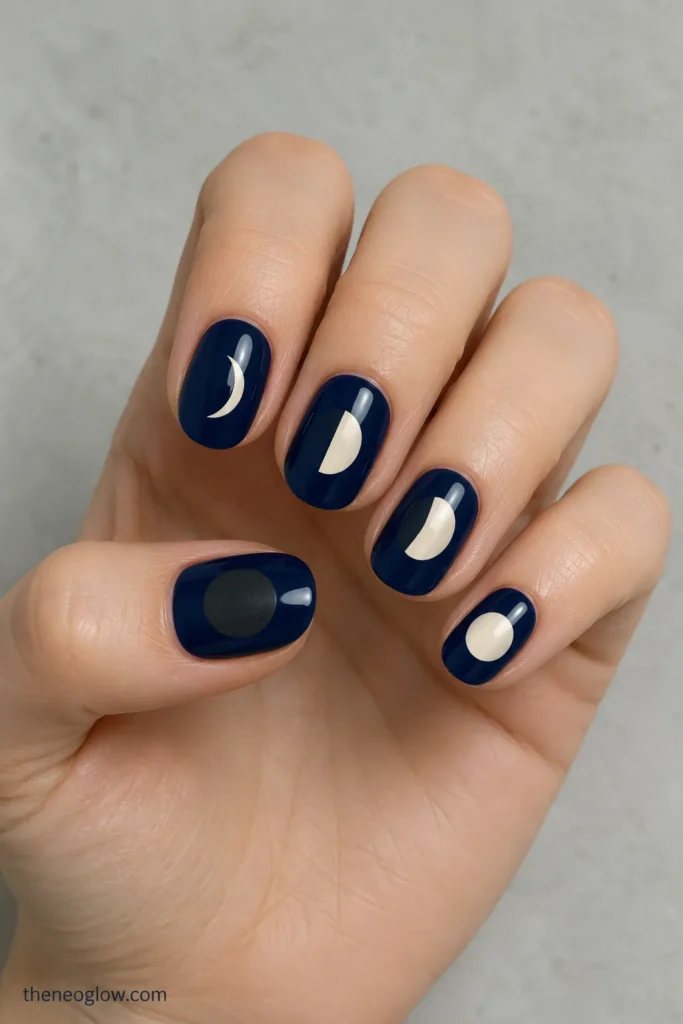 Deep navy oval nails showing a dark new moon, ivory crescent, half moon, gibbous moon, and full moon.