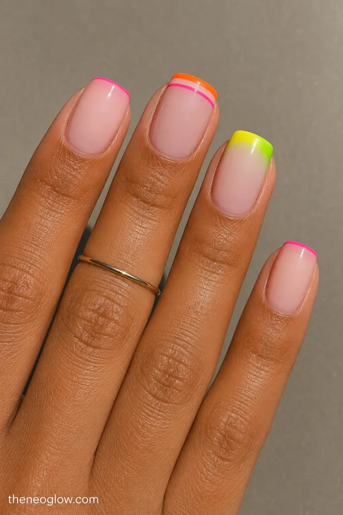 Medium squoval nails showing neon micro tips, double French lines, and gradient French tips.