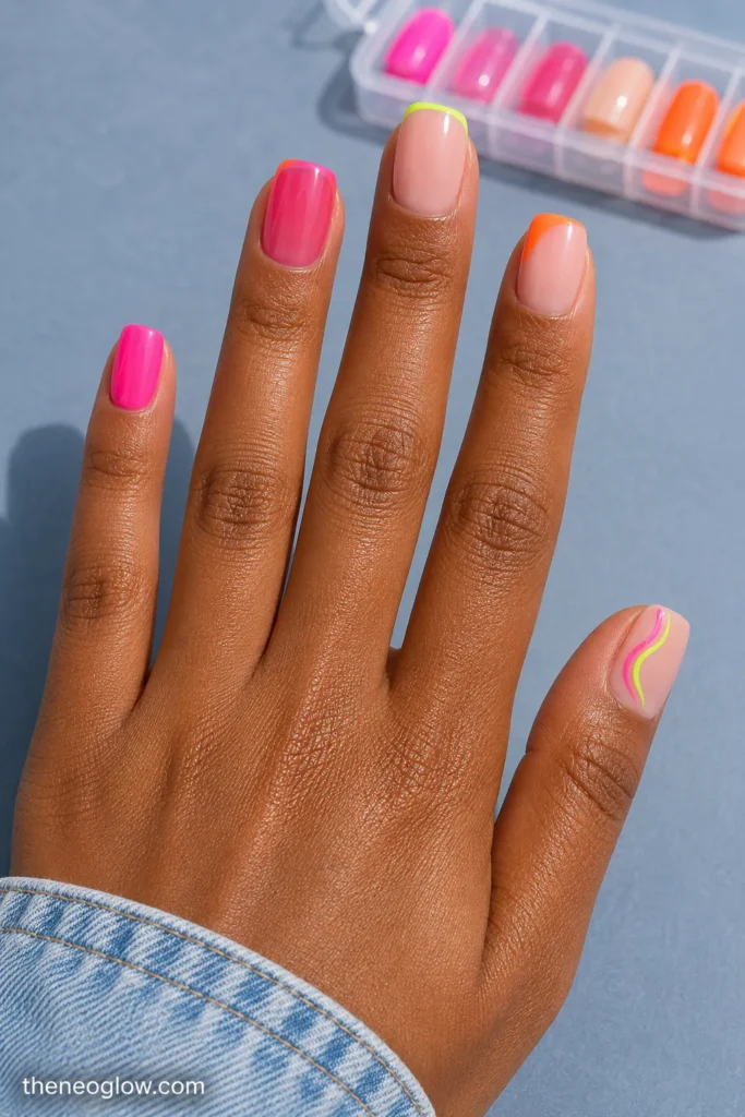 Short-to-medium neon press-on manicure with a pink solid, lime tip, orange block, jelly accent, and side swirl.