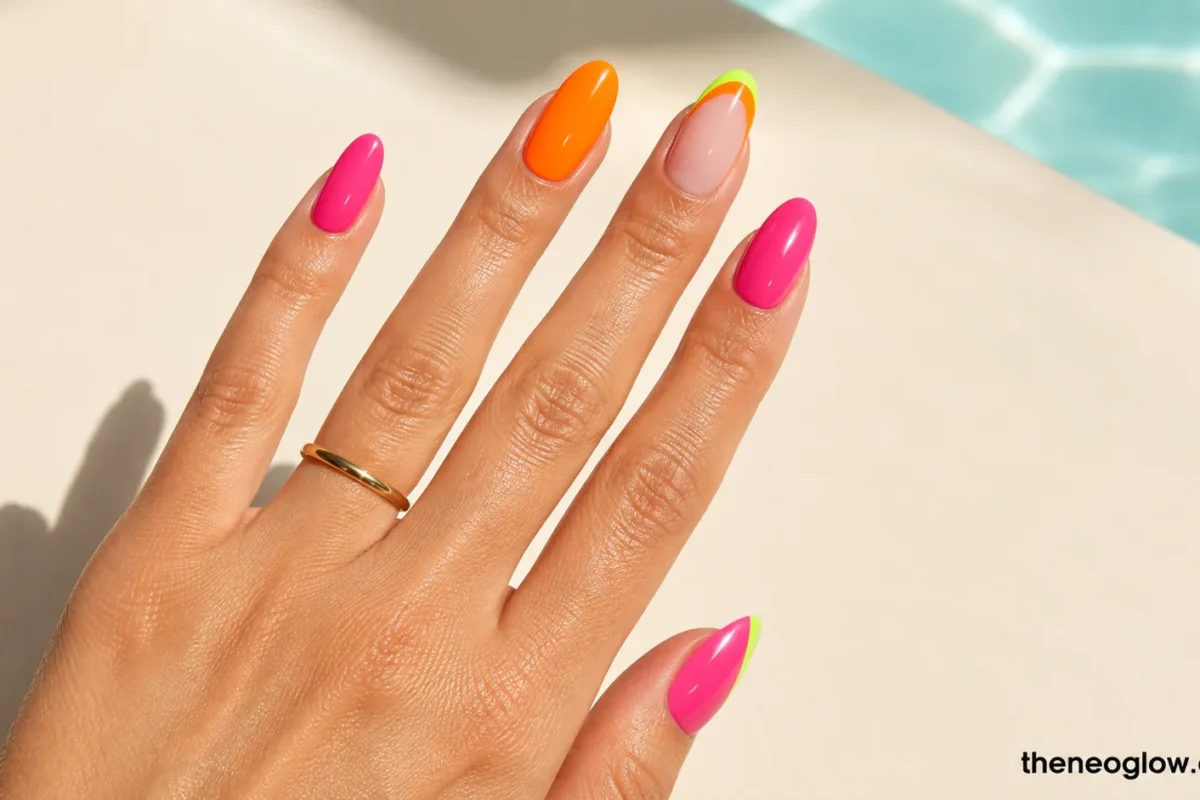 Medium almond nails combining glossy hot pink with precise neon orange and lime accents.Medium almond nails combining glossy hot pink with precise neon orange and lime accents.