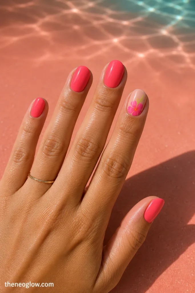 Coral-pink oval nails with one refined neon hibiscus accent over a sheer nude base.