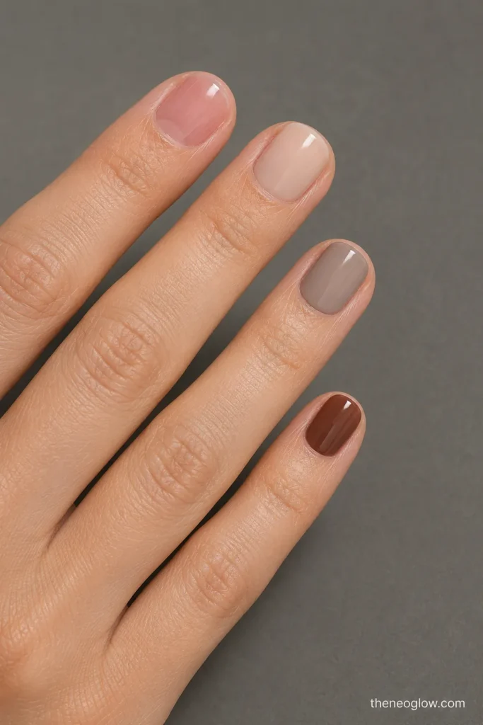 Four short nails comparing rosy soap gloss, milky beige, taupe cream, and cocoa jelly finishes.