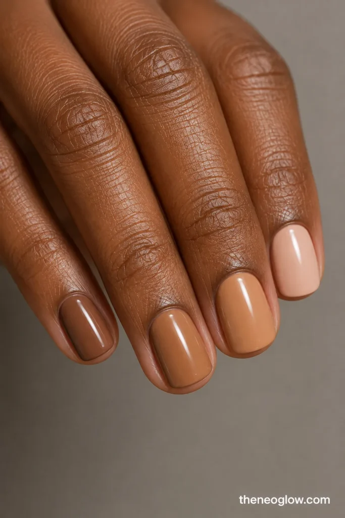 Deep brown hand with short nails testing tonal cocoa, lighter caramel, and pale pink-beige nude polish.