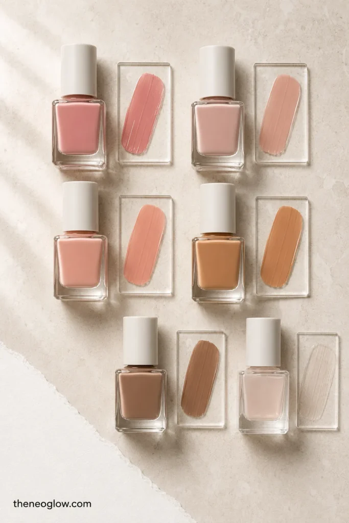 Six unbranded polish bottles with brush swatches in pink nude, beige, peach, caramel, cocoa, and sheer neutral.