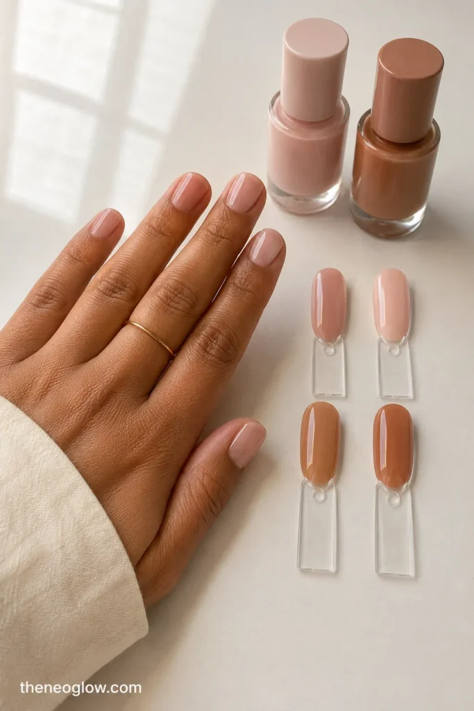 Medium warm-brown hand comparing four nude swatch sticks in two undertone families and two depths beside two unbranded bottles.