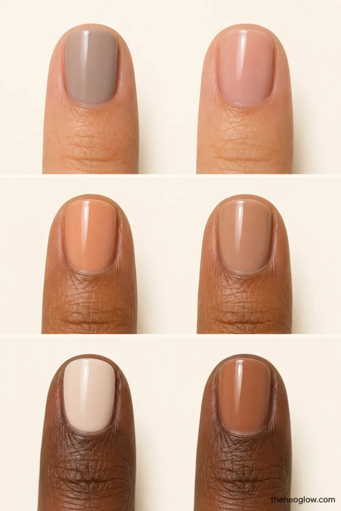Three paired fingertip comparisons showing gray versus warmer, orange versus neutral, and chalky versus sheer nude polish. nude nail polish for your skin tone
