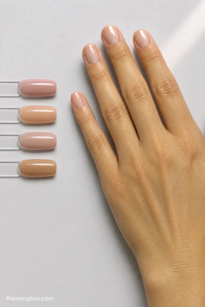 Light-medium olive hand beside four glossy nude swatches in rosy pink, peach beige, neutral beige, and muted caramel.