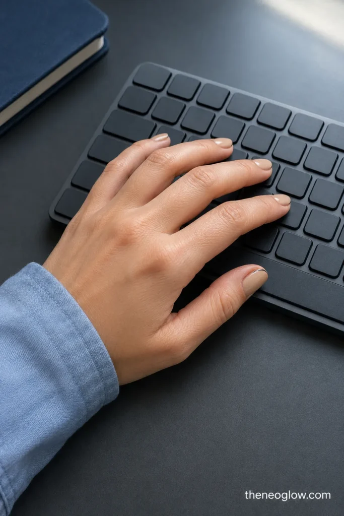 Short oat-beige oval nails with latte micro tips typing on a graphite keyboard.