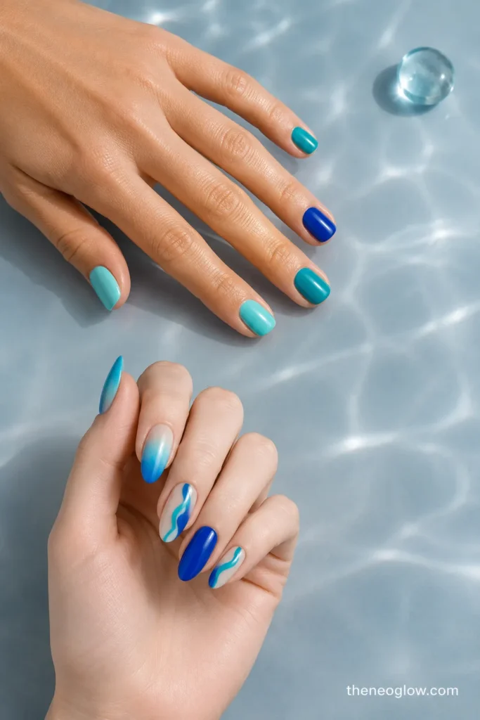 Short aqua, teal, and cobalt nails beside longer blue gradient and side-swirl nails with matching glassy finishes.